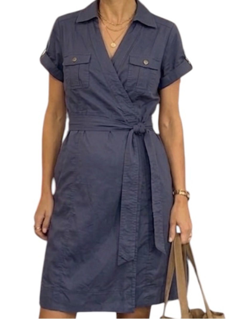 A Pea in the Pod Blue Utility Wrap Shirt Dress Maternity Size Large